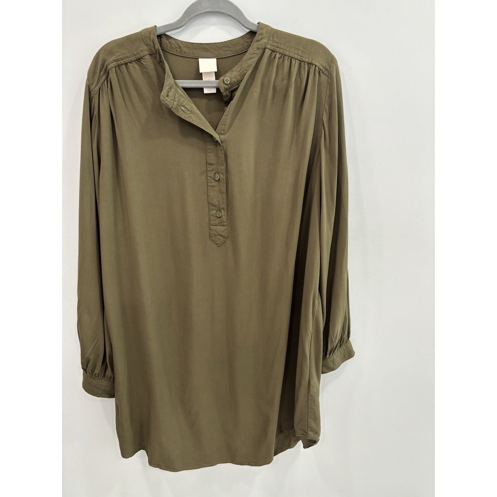 H&M Olive Green Viscose Tunic Top Women's Large Long Sleeve Lagenlook